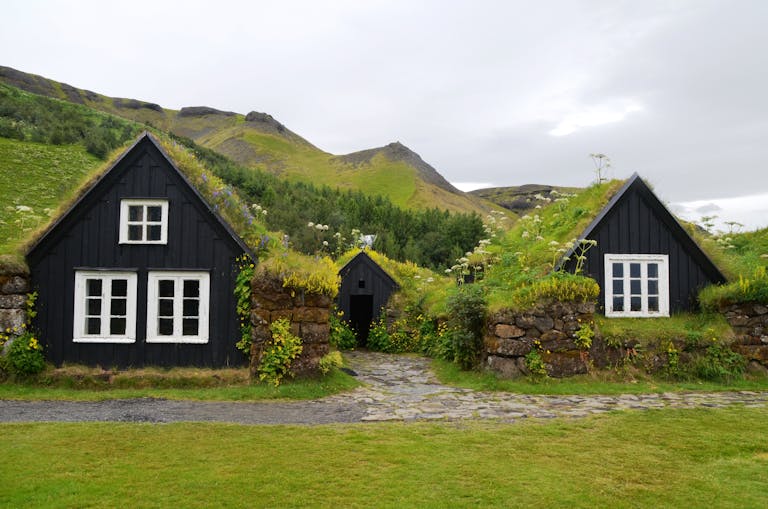 Explore the rustic charm of traditional turf roofed houses set against a lush hillside in serene countryside.