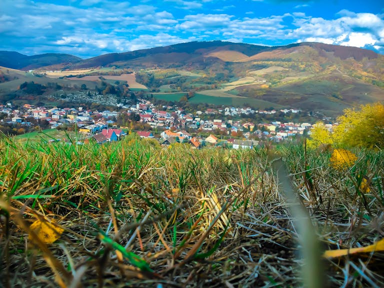 Serene view of a quaint village nestled within lush rolling hills and vibrant grass, bathed in daylight.